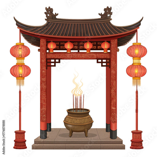 Experience the vibrant spirit of Asian culture with this stunning traditional temple gate adorned with glowing lanterns and symbolic incense offering