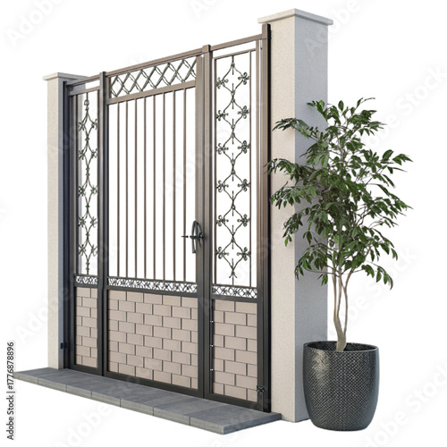 Elegant wrought iron gate with intricate scrollwork and brick detailing offers secure property entrance and sophisticated curb appeal for modern homes.