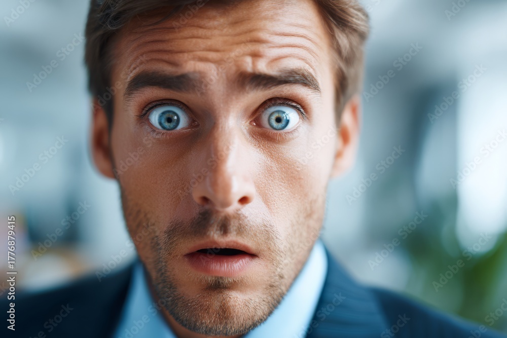 Fototapeta premium Businessman widening his eyes in sudden shock, reacting dramatically to unexpected news.