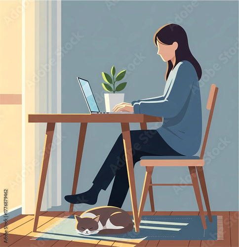 A woman works on her laptop at a wooden desk by a window, with her cat sleeping peacefully underneath, enjoying the sunshine.