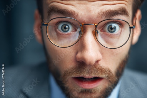 Businessman widening his eyes in sudden shock, reacting dramatically to unexpected news.