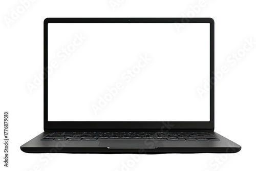 Front view of a modern, matte-black laptop with a blank white screen