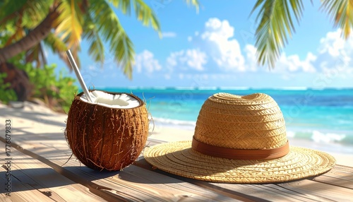 Fototapeta Naklejka Na Ścianę i Meble -  Fresh Coconut Drink and Straw Hat on Wooden Deck with Palm Trees White Sand Beach Blue Ocean and Clear Sky Background on a Sunny Day