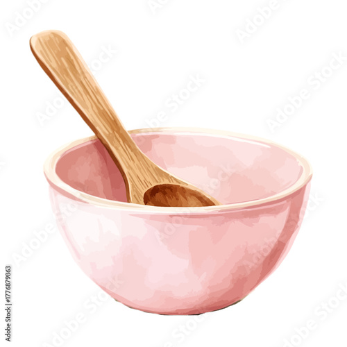 Watercolor Pink Bowl with Wooden Spoon Clipart Vector
