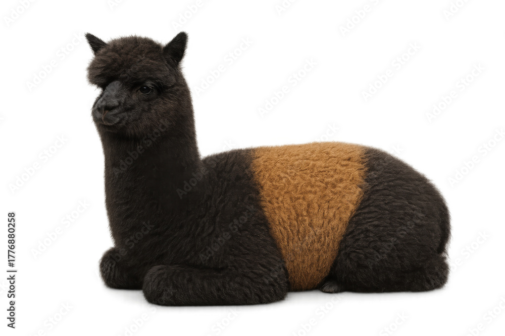Obraz premium Alpaca animal lying down with brown and black two tone wool, domestic livestock mammal, transparent background