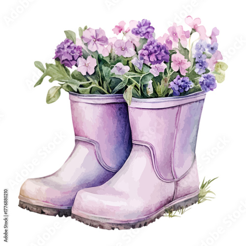 Watercolor Purple Rain Boots with Flowers Clipart Vector
