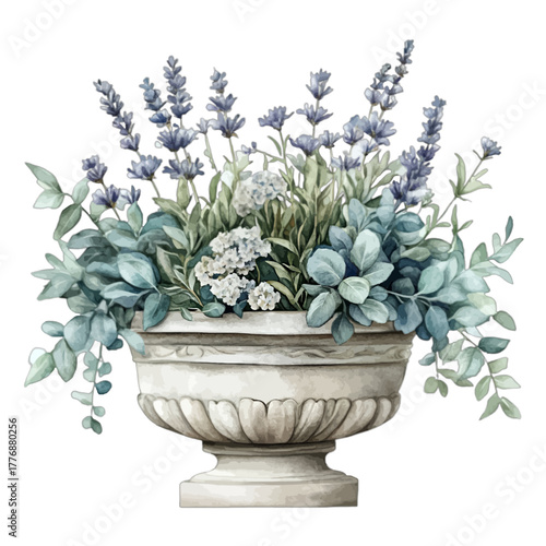 Watercolor Lavender and Eucalyptus Floral Arrangement in Rustic Urn Planter, Vector Illustration
