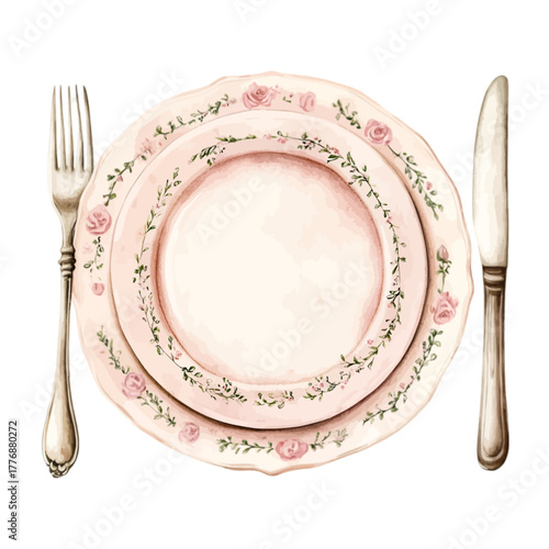 Watercolor Rustic Pink Floral Place Setting with Fork and Knife, Vector Illustration
