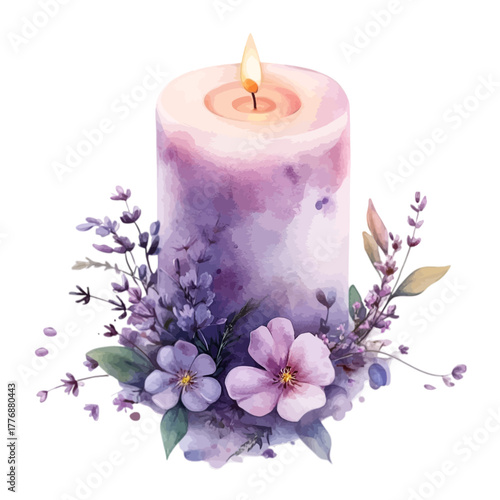 Purple and Pink Watercolor Candle with Lavender Flowers, Vector Illustration
