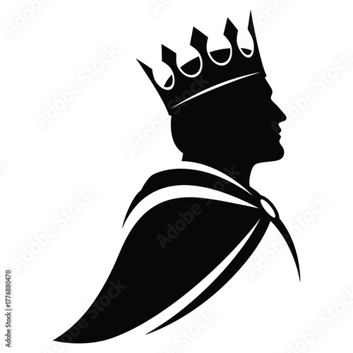 Silhouette profile of a regal king wearing an ornate crown and flowing royal cape