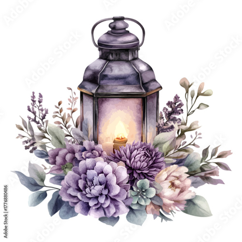 Watercolor Vintage Purple Lantern with Lavender Flowers, Vector Illustration
