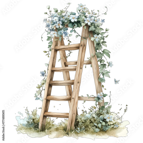 Watercolor Rustic Wooden Stepladder with Blue and White Wildflowers, Vector Illustration
