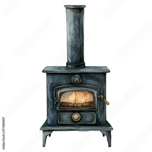 Watercolor Rustic Cast Iron Wood Burning Stove with Fire, Vector Illustration
