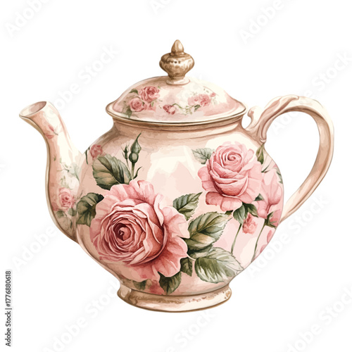 Watercolor Vintage Pink Floral Teapot, Vector Illustration
