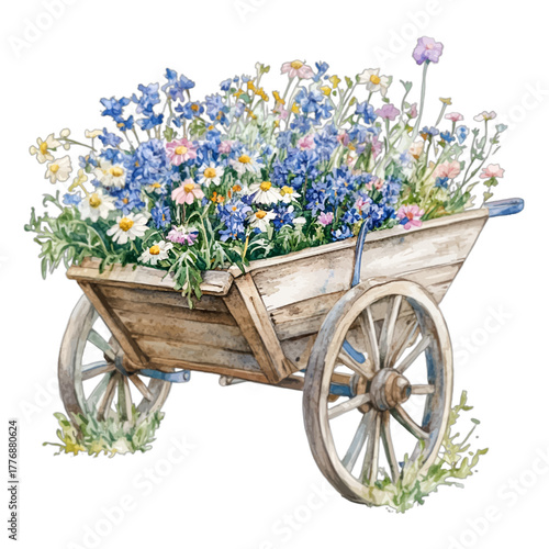 Watercolor Rustic Wooden Wheelbarrow with Wildflowers Clipart Vector Illustration

