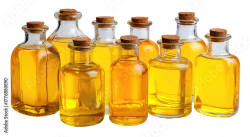 Several glass bottles, filled with a golden liquid, arranged in a row.  Each bottle has a cork stopper
