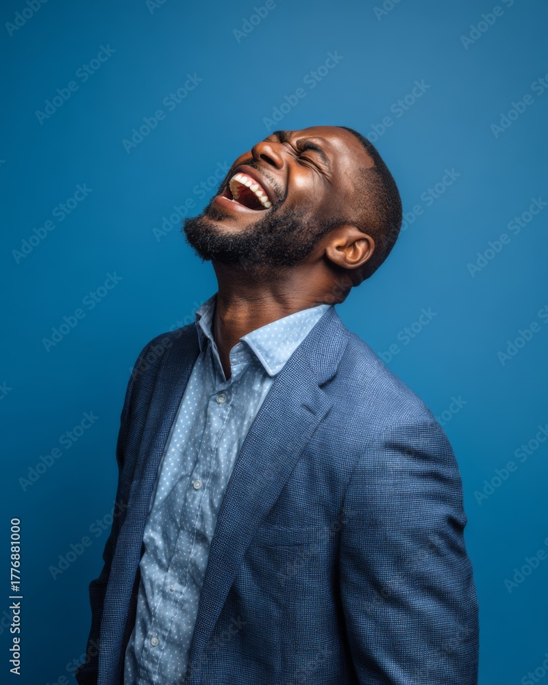 Fototapeta premium Businessman tilting his head back and laughing joyfully, expressing relief and freedom after tension.