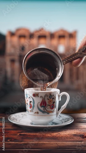 Serving traditional Turkish coffee with Ephesus Library view