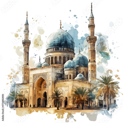 Great Mosque Of DjennA, watercolor illustration vector, isolated on a white background.