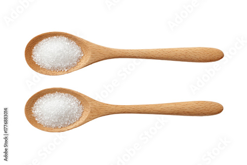 Two wooden spoons, filled with white granular substance (2)