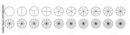 Parts of diagram wheel from 1 to 20. Outline black graphics. Template of pie chart. Coaching blank. Segmented charts. Sectors divide the circle on equal parts. Pie charts, pizza charts infographic set