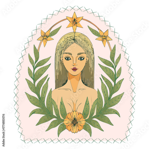icon woman art nouveau leaves Beauty long blond hair flowers