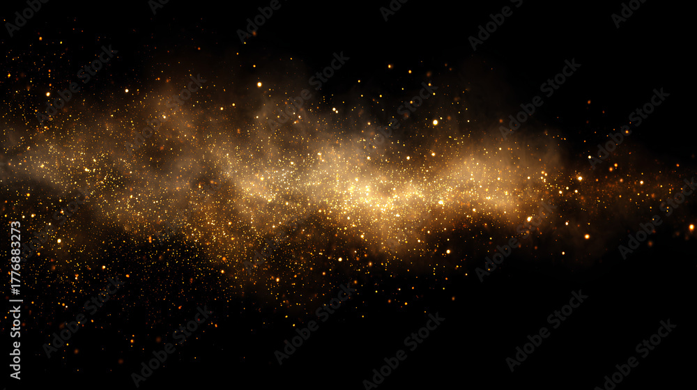 Fototapeta premium dust particles with glowing flare, sparkle shimmer and glitter dust cloud on white background, abstract golden light effect with bokeh rays and festive dust texture for design