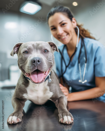 Wallpaper Mural veterinarian and pit bull in a veterinary clinic during a checkup. The veterinarian uses a stethoscope and smiles. Torontodigital.ca