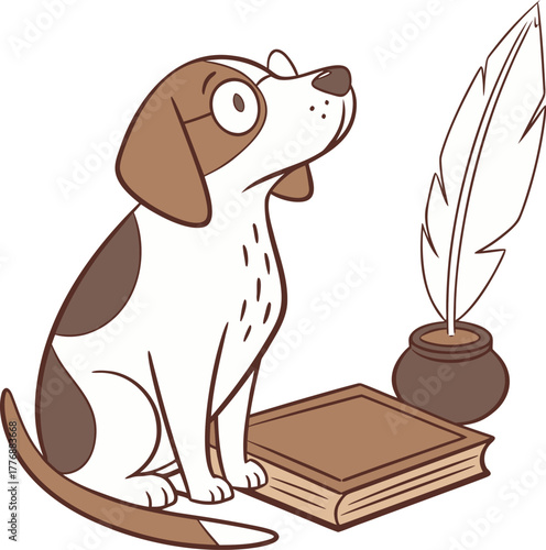 Adorable cartoon dog scholar with glasses and a book looking up with hope, a creative concept for education, learning, or a writer's muse