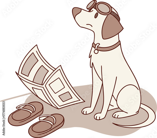 Adorable dog aviator longing for adventure, reading travel brochure with sandals nearby, evoking wanderlust and playful charm for travel blogs and kids content