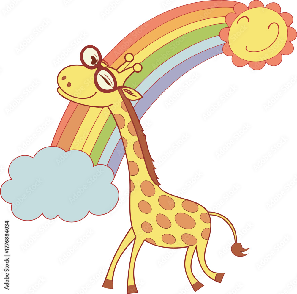 Naklejka premium Whimsical giraffe with glasses, rainbow, and happy sun brings joy to children's designs and educational materials, perfect for a cheerful and vibrant aesthetic