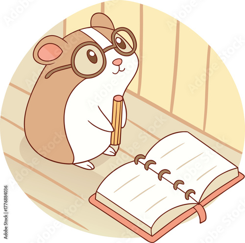 Adorable hamster wearing glasses, ready to write in a notebook with a pencil, creating a cute and educational scene for kids' content or creative projects