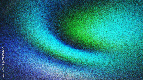 Modern grainy gradient texture created from thousands of individual dots with cool atmospheric mood. Grainy gradient filled with calming glowing blue green waves of light and film noise effect. Vector
