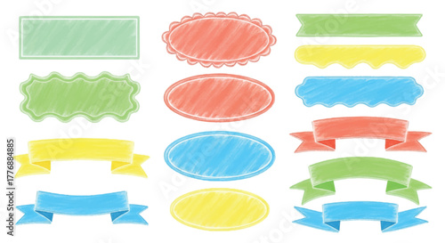 Colorful Crayon Textured Banners Ribbons and Frames Vector Collection