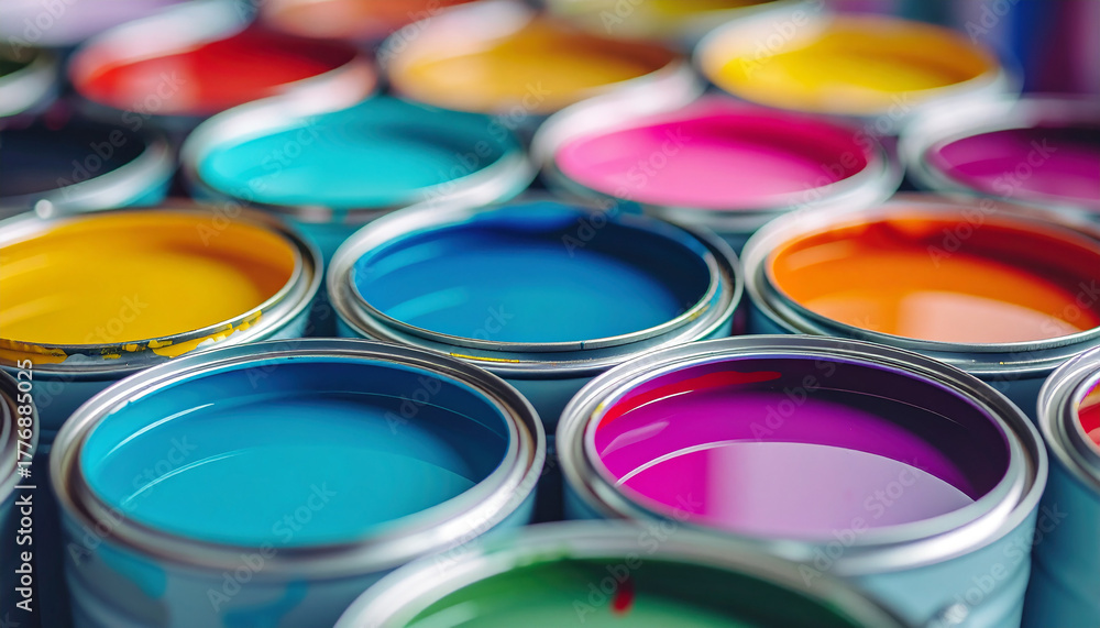 Fototapeta premium Paint cans stacked atop bucket, vibrant colors, colorful and visually appealing composition.