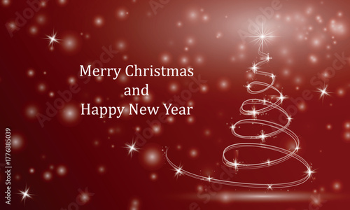 Christmas background. Christmas tree with bokeh on a red background