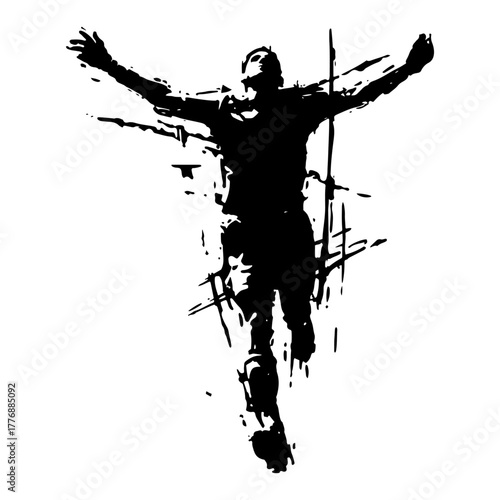 Abstract grunge runner silhouette celebrating at the finish line – vector illustration