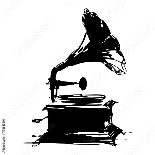 Vintage Gramophone Phonograph Grunge Vector Sketch Illustration