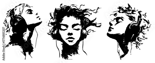 Set of Artistic Female Portraits with Headphones Grunge Vector Illustration
