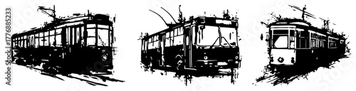 Set of Urban Trams and Trolleybus in Grunge Sketch Style