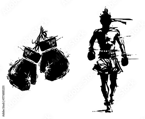Muay Thai fighter silhouette and hanging boxing gloves – grunge ink vector illustration