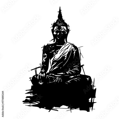 Buddha statue in meditation pose – grunge ink silhouette vector illustration