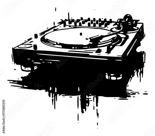 Tableau sur toile DJ turntable deck with tonearm in grunge ink style vector illustration