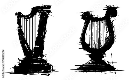 Set of grunge harps and ancient lyre musical instruments vector illustration