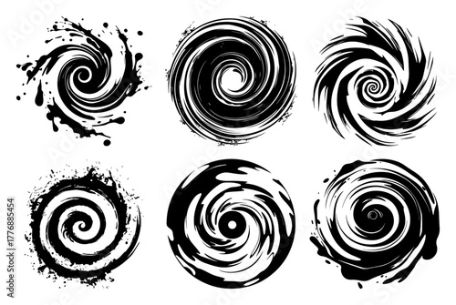 Set of grunge spiral swirl ink circles abstract brush strokes vector elements