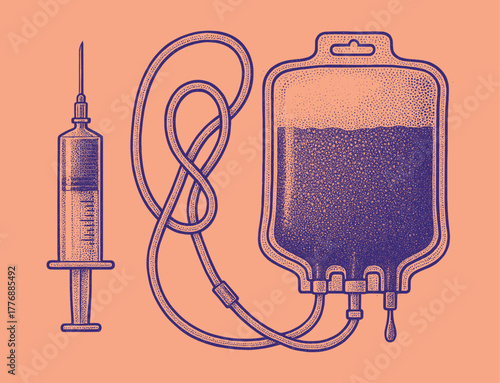 Syringe and IV infusion bag filled with liquid, in pink-orange halftone illustration.