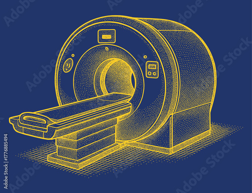 Second MRI illustration — yellow halftone line art on dark blue background.
