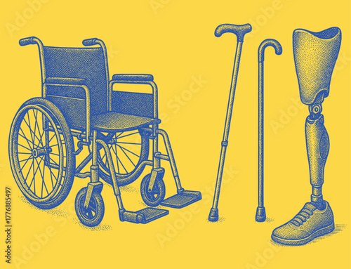 Mobility aids for disabled people, halftone medical illustration.