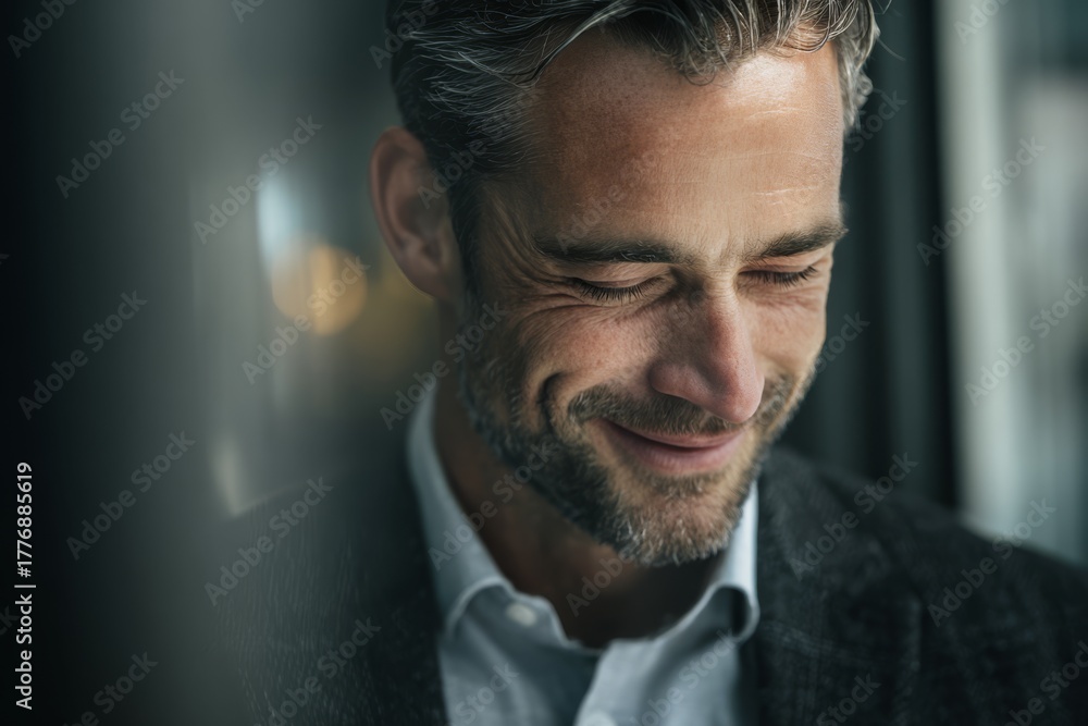 Fototapeta premium Businessman smiling gently while looking down, reflecting quiet satisfaction and gratitude.