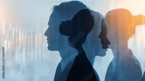 Conceptual team collaboration video showcasing diverse professionals, financial chart overlay, blue tones and orange highlights for business-minded success concept